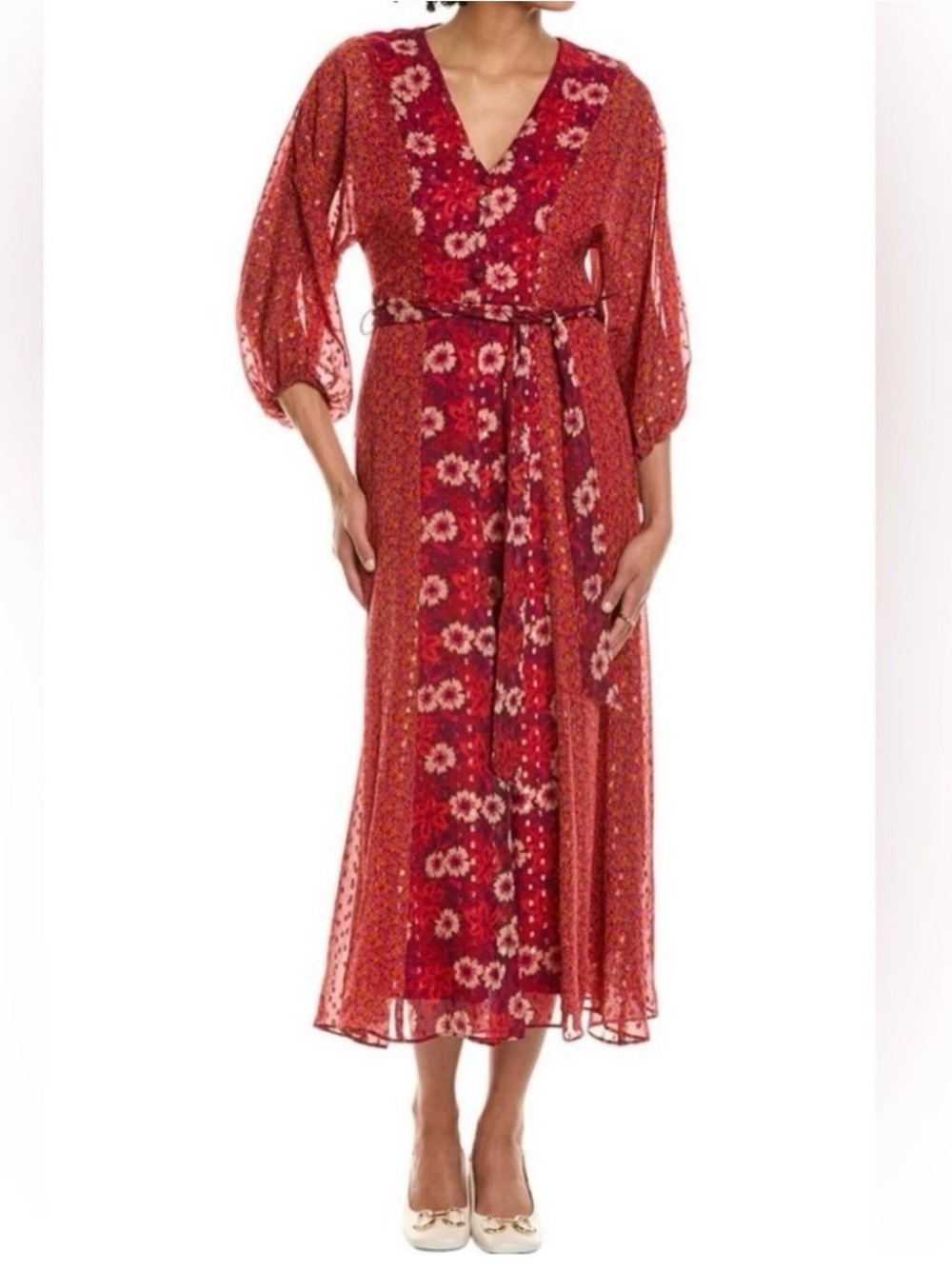 Taylor Floral Chiffon Belted Maxi Dress V Neck Red Purple Pink Women’s Size 10